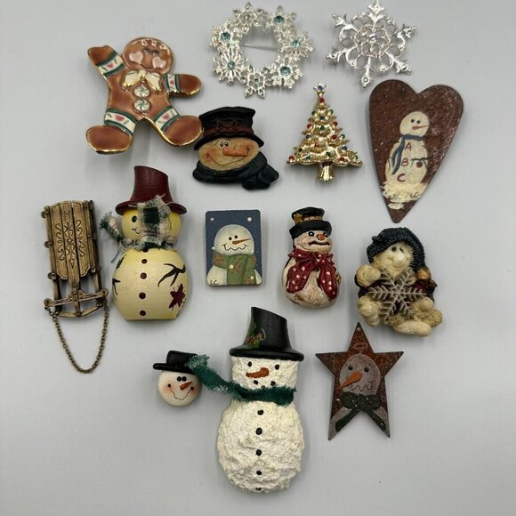 Vintage Christmas Brooch Lot Snowman Gingerbread Wreath Signed JJ Gerrys Radko - Picture 2 of 11